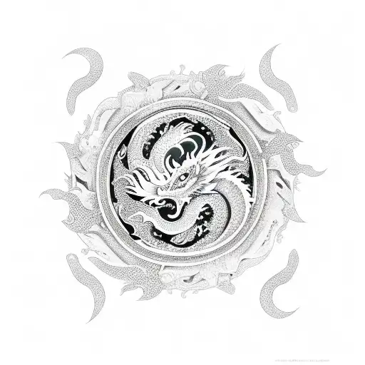 Dragon with flowers, with butterflyes, yin and yang, and sun tattoo design idea