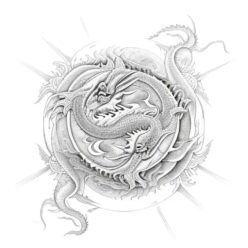 Dragon with flowers on the back with butterflyes, yin and yang, and sun tattoo design idea