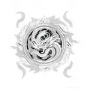 Dragon with flowers, with butterflyes, yin and yang, and sun tattoo design idea