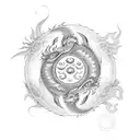 Dragon with flowers, with butterflyes, yin and yang, and sun tattoo design idea