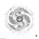 Dragon with flowers, with butterflyes, yin and yang, and sun tattoo design idea