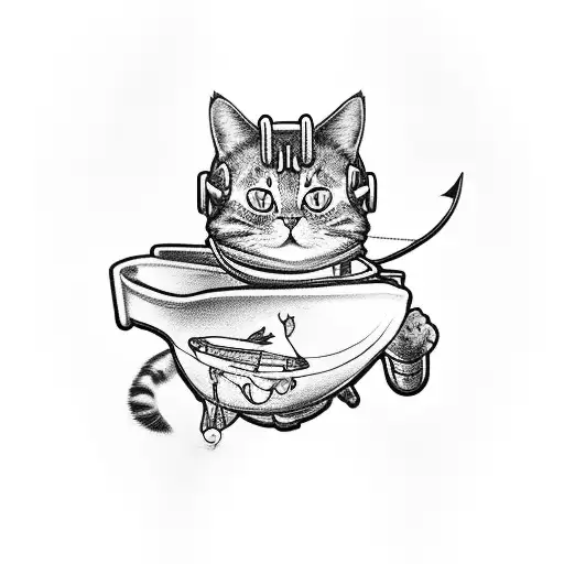 A pop culture-inspired tattoo featuring a cat dressed as a fisherman, surrounded by fishing hooks tattoo design idea