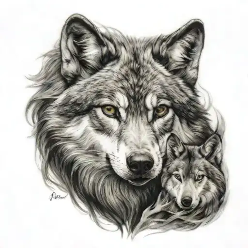 female with wolf  tattoo design idea