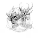 A whimsical Guillermo del Toro inspired fantasy scene with mystical creatures tattoo design idea