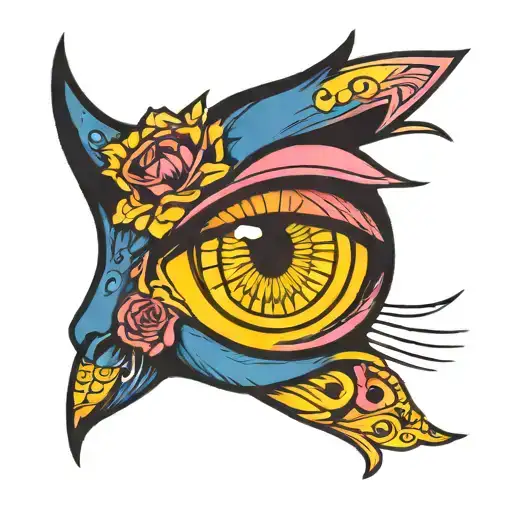 tattoo of a cat eye , blue pink yellow  tattoo design idea