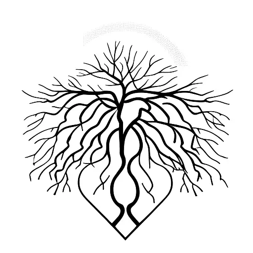 A minimalist design of a tree with roots shaped like a heart, representing the client's Christian faith and her role as a mother. tattoo design idea