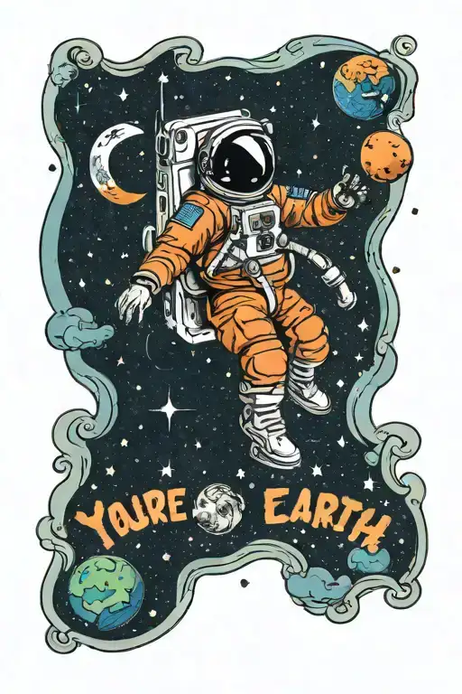 astronaut in space with the quote " You're so down on Earth And I'm up in the stars" tattoo design idea