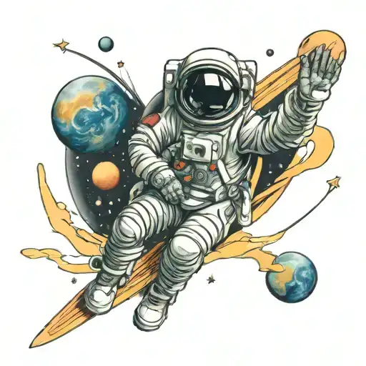 astronaut in space with planets and wind bars.  tattoo design idea