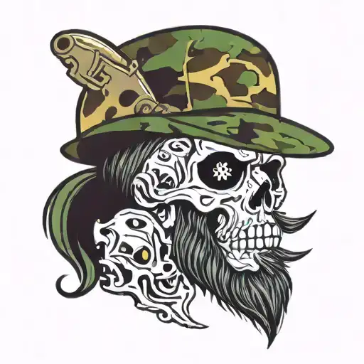 bearded skull with a backwards camo hat and "deadwood" underneath it in a cool font  tattoo design idea