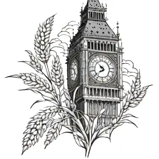 image of big ben surrounded by wheat fields tattoo design idea