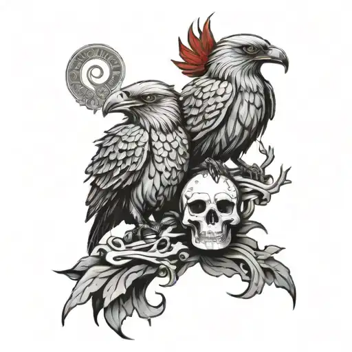 hugin and munin standing on a horned skull black and grey tattoo design idea
