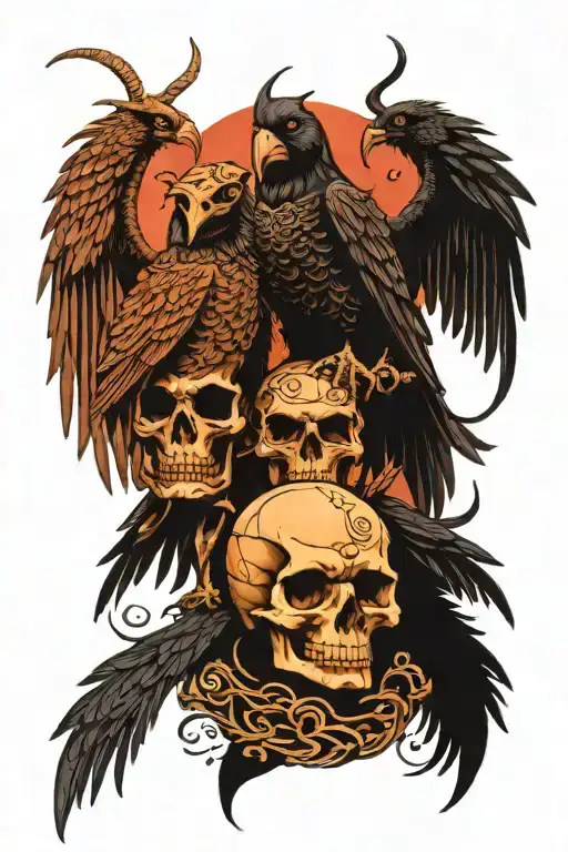 hugin and munin standing on a skull with a helmet that has horns. tattoo design idea