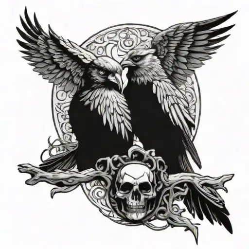 hugin and munin standing on a horned skull black and grey tattoo design idea