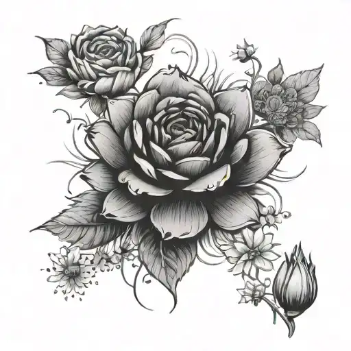 red rose, black sketched Egyptian lotus, forget me not, chrysanthemum,  tattoo design idea