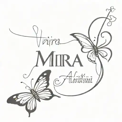 small tattoo mira name with a butterfly flying tattoo design idea