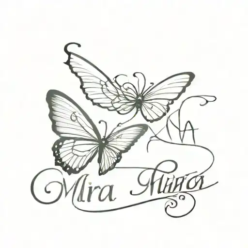 small tattoo name mira under  a butterfly flying tattoo design idea