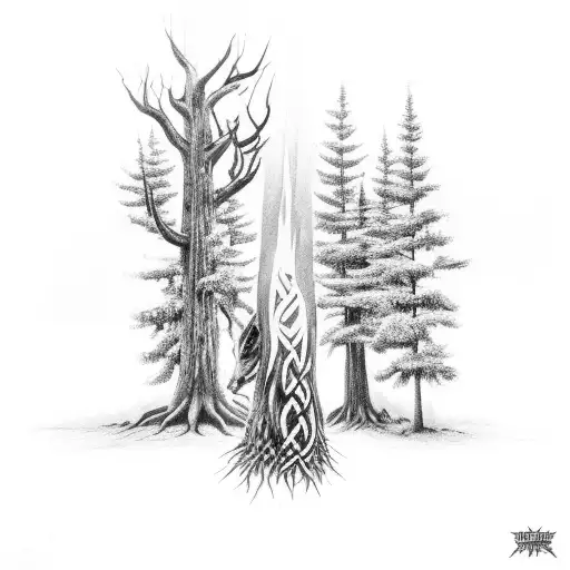 dark grim slavic forest, leshen standing in the middle mysteriously, body is roots, elder futhark runes in trees tattoo design idea