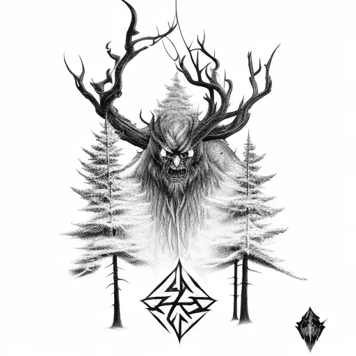 dark grim slavic forest, leshen standing in the middle mysteriously, body is roots, elder futhark runes in trees tattoo design idea