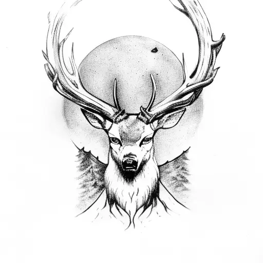 dark grim slavic forest, leshen standing in the middle menacingly, his head is deer skull, body is roots, elder fuhark  tattoo design idea