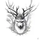 dark grim slavic forest, leshen standing in the middle menacingly, his head is deer skull, body is roots, elder fuhark  tattoo design idea