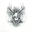 dark grim slavic forest, leshen standing in the middle menacingly, his head is deer skull, body is roots, elder fuhark  tattoo design idea