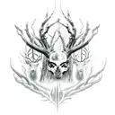 dark grim slavic forest, leshen standing in the middle menacingly, his head is deer skull, body is roots, elder fuhark  tattoo design idea