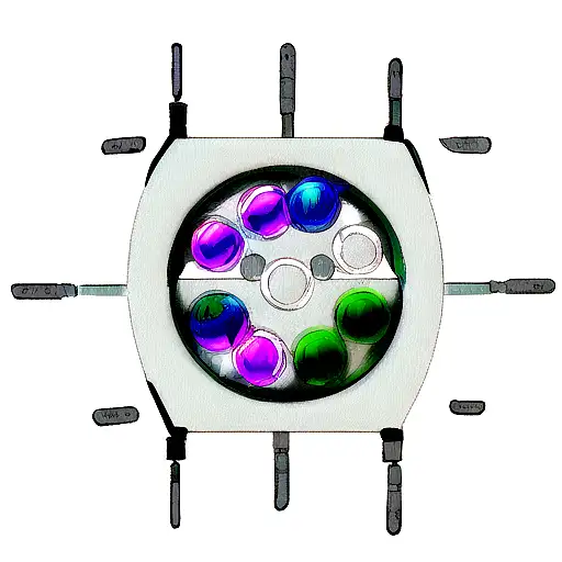 An abstract art piece combining gaming elements with pharmacy symbols like potion bottles and health bars in a futuristic setting tattoo design idea