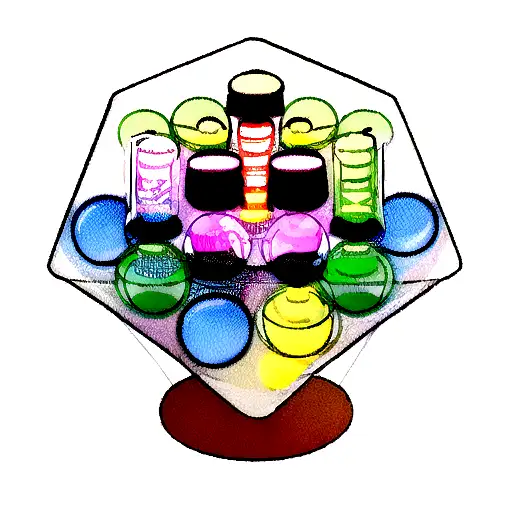 An abstract art piece combining gaming elements with pharmacy symbols like potion bottles and health bars in a futuristic setting tattoo design idea