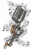 A mechanical arm holding a microphone, with musical notes floating around tattoo design idea