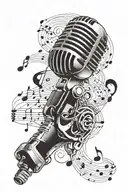 A mechanical arm holding a microphone, with musical notes floating around tattoo design idea
