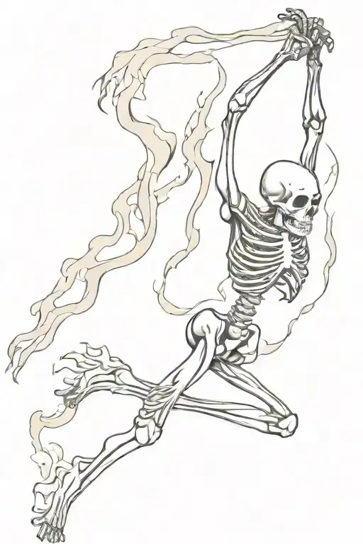 dancing skeleton full body in flames black and white tattoo design idea