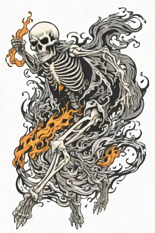 dancing skeleton full body in flames coming black and white tattoo design idea