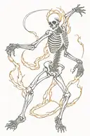 dancing skeleton full body in flames black and white tattoo design idea
