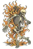 dancing skeleton full body in flames coming tattoo design idea