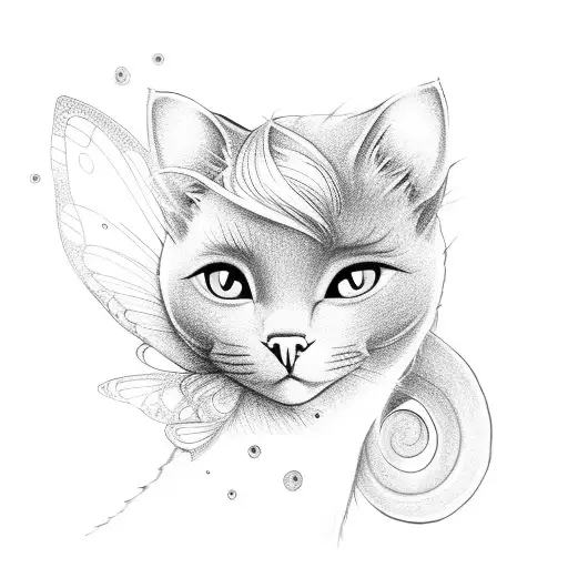 blonde fairy in a pink dress hugs a gray cat tattoo design idea