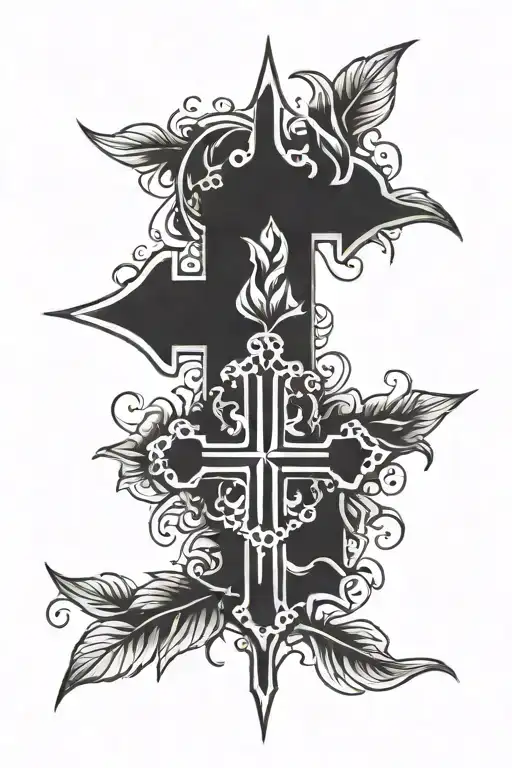 black cross with laurel leafs coming out under tattoo design idea
