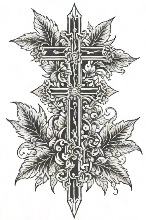 long cross with Roman leafs tattoo design idea
