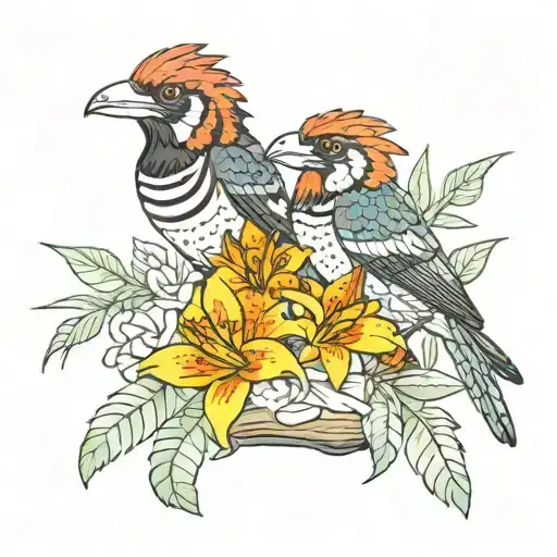 crested barbet, frogs, book, strelitzia, flame lily, music notes from song Radar Love tattoo design idea