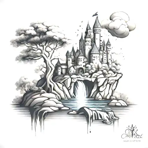 magic castle on a floating island tattoo design idea