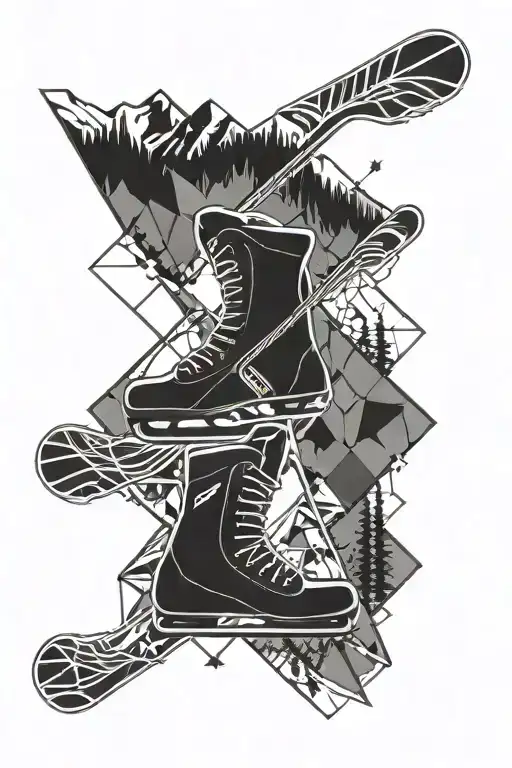 hockey stick and snowboard making an X with mountains in the background  tattoo design idea