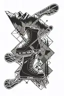 hockey stick and snowboard making an X with mountains in the background  tattoo design idea