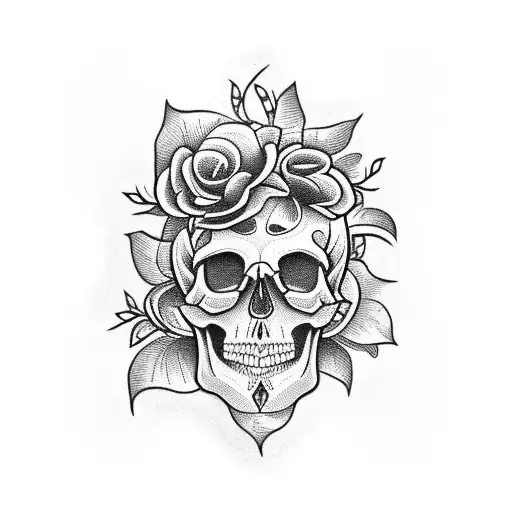 skull with pretty flowers around  tattoo design idea