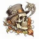 I would like a tattoo image in Sailor Jerry style of a Memento Mori tattoo. Skelton should be dressed like Indiana Jones tattoo design idea