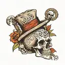 I would like a tattoo image in Sailor Jerry style of a Memento Mori tattoo. Skelton should be dressed like Indiana Jones tattoo design idea