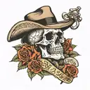 I would like a tattoo image in Sailor Jerry style of a Memento Mori tattoo. Skelton should be dressed like Indiana Jones tattoo design idea
