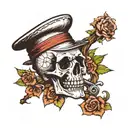 I would like a tattoo image in Sailor Jerry style of a Memento Mori tattoo. Skelton should be dressed like Indiana Jones tattoo design idea
