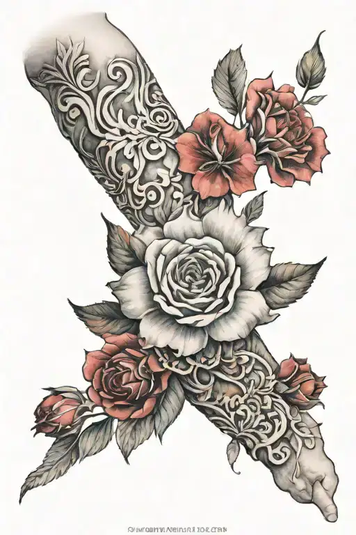 flower arm sleeve, red accents to fill in negative space tattoo design idea