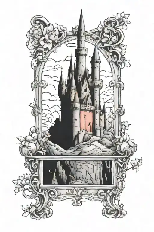 Fine line back tattoo of a castle. The castle has windows with ballerinas inside.  tattoo design idea