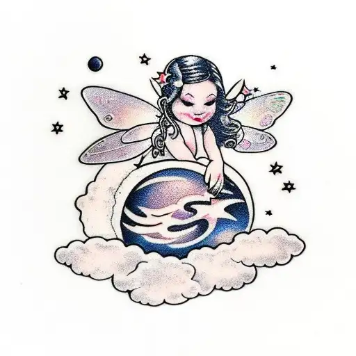 Fairy sitting on moon with clouds, stars, and Lilly’s tattoo design idea