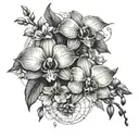 holding hands tattoo with orchids, hibuscus flowers and below to include coordinates of an address on the map   tattoo design idea